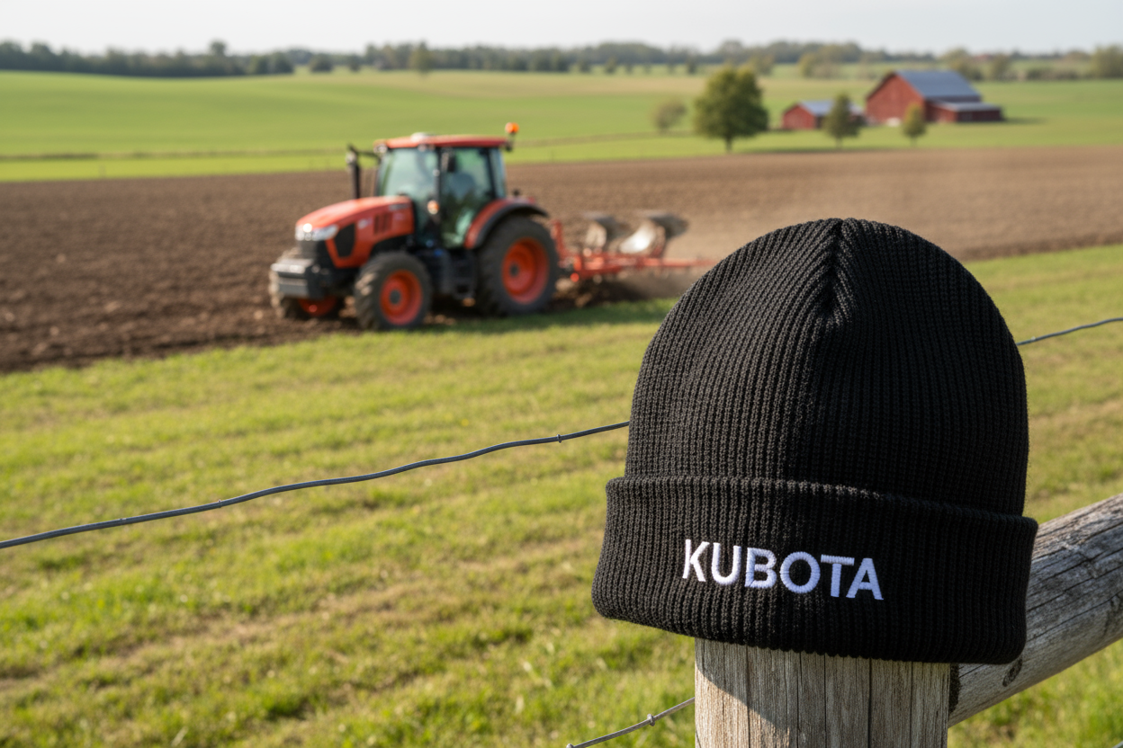 Image of black beanie with kubota stitching in their font. There should be no kubota logo. The hat should hanging on the fence post with a farm in the background and a orange kubota tractor working the field