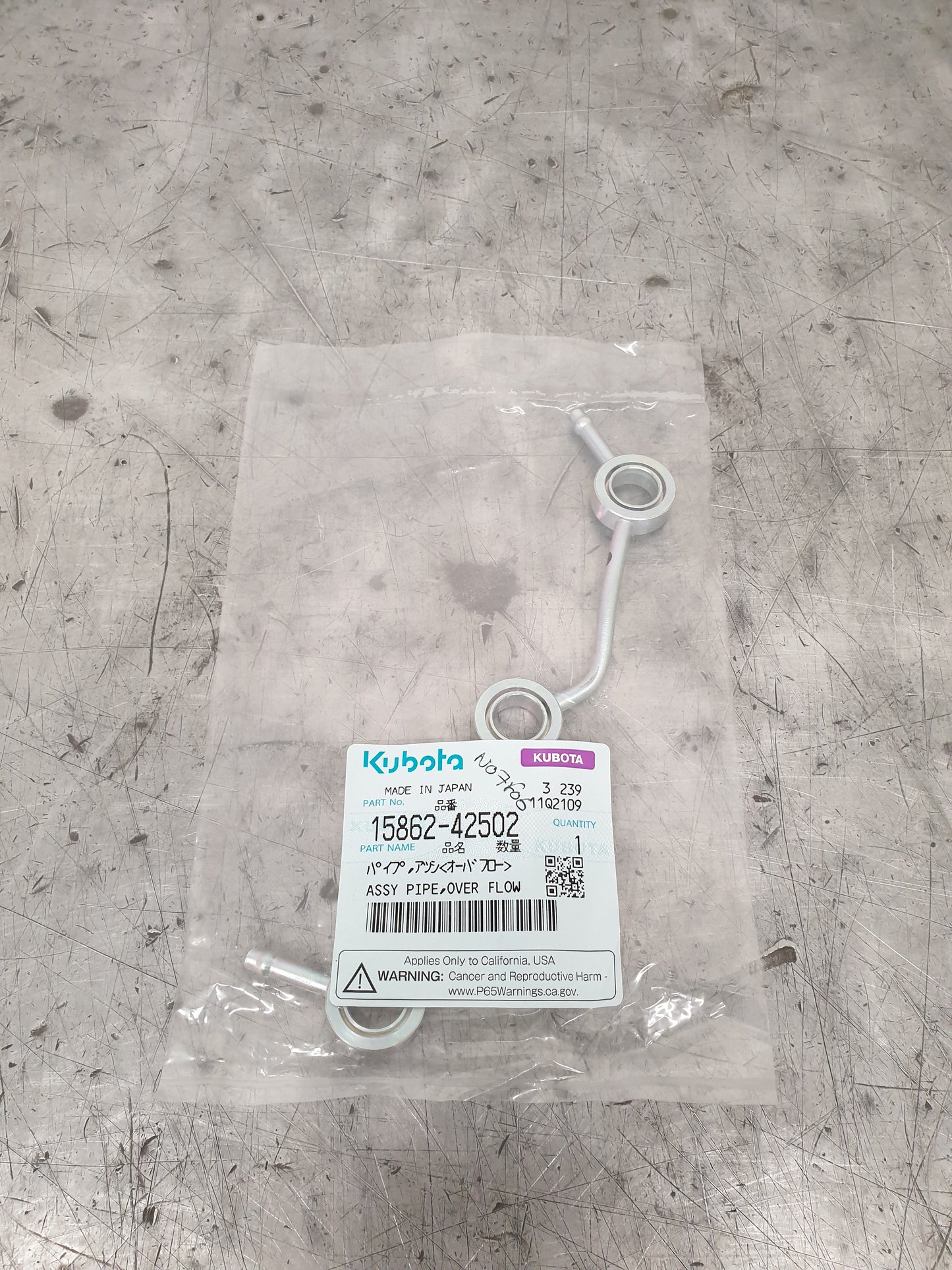 FUEL OVERFLOW PIPE GENUINE KUBOTA PARTS 1586242502